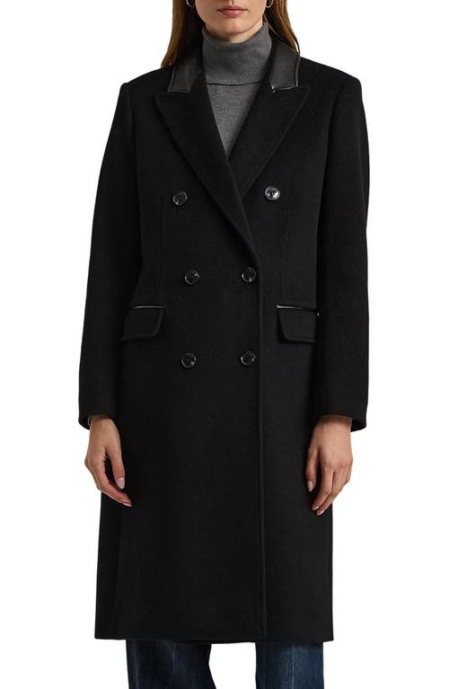 Shop Lauren Ralph Lauren Faux Leather Trim Double Breasted Wool Blend Reefer Coat In Black