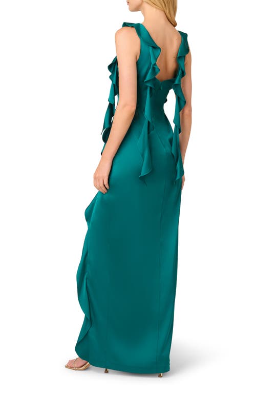 Shop Adrianna Papell Ruffle Stretch Satin Column Gown In Deep Emerald