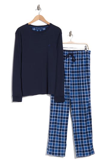 Nautica Long Sleeve Crewneck T-shirt & Fleece Flannel Pants Pajama Set In Maritime Navy