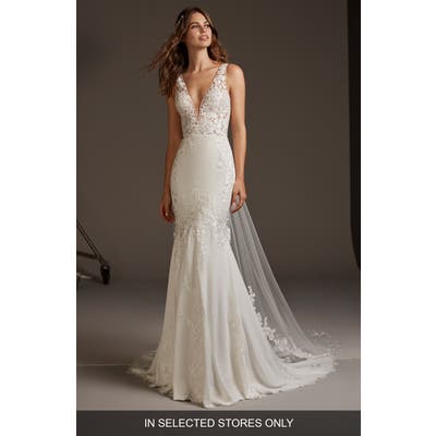 Pronovias Alcyone Lace & Crepe Trumpet Wedding Dress, Size - Ivory