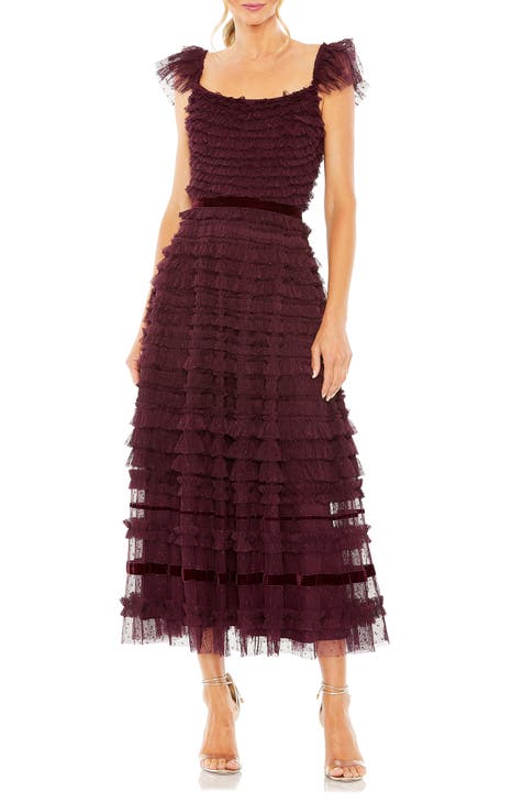 Tiered Ruffle Tulle Cocktail Midi Dress