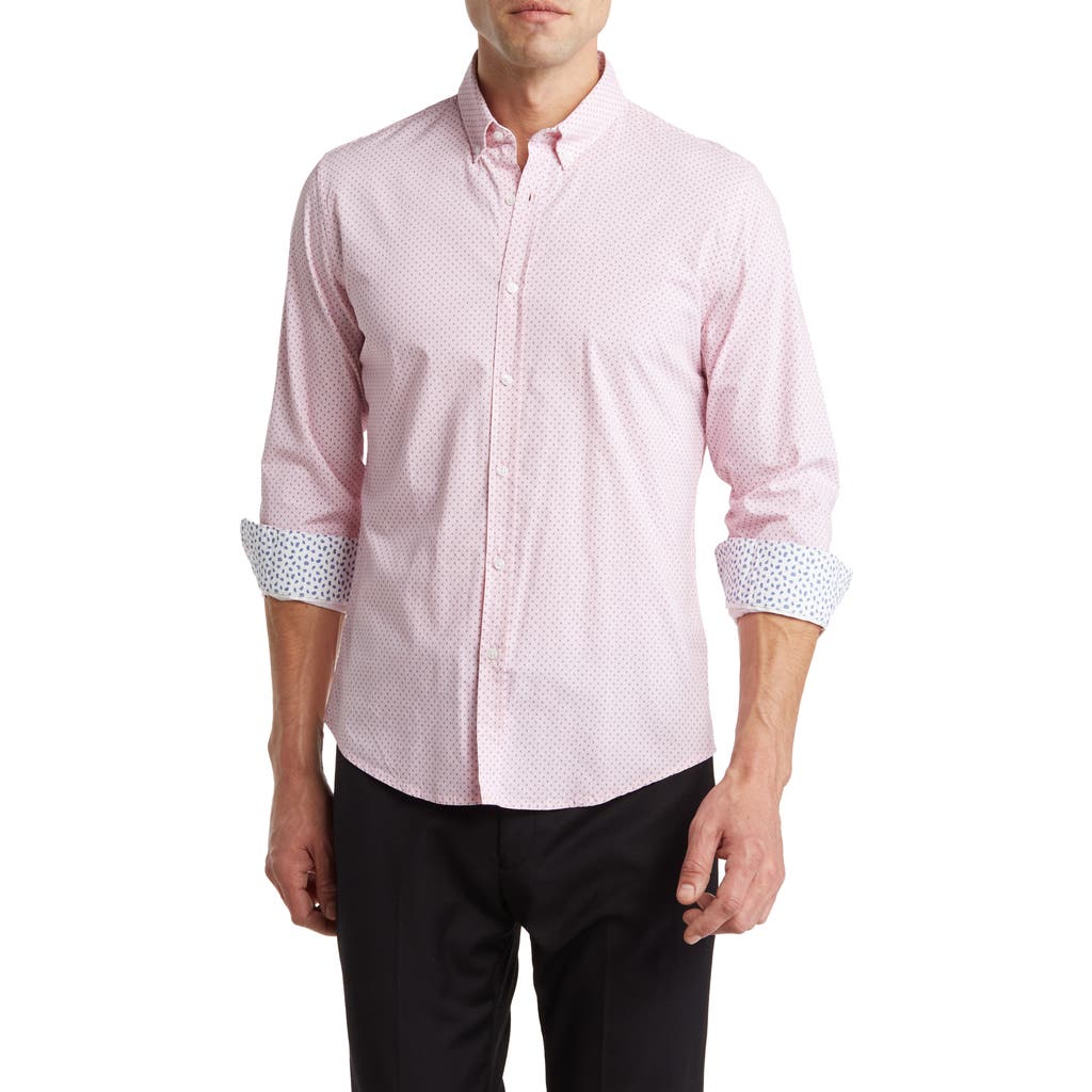 Shop Denim And Flower Micro Print Stretch Button-down Shirt In White/pink Geo