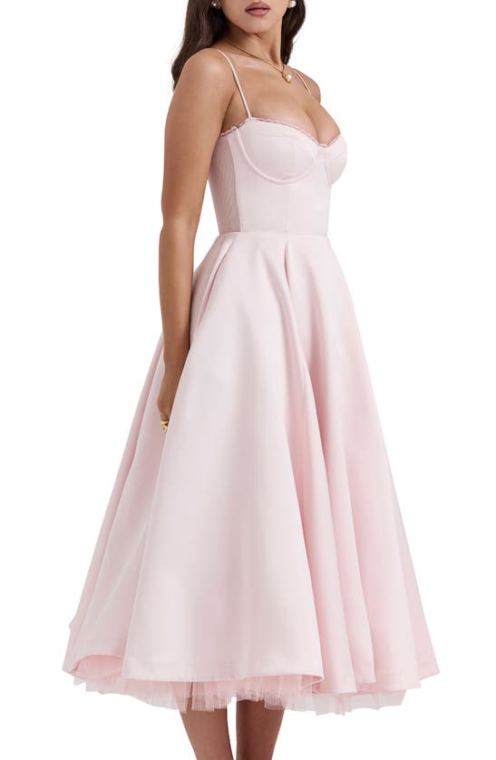 House Of Cb Mademoiselle Bustier Stretch Satin Midi Dress In Pink Salt