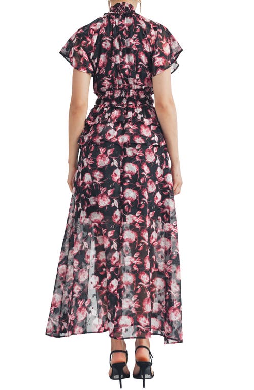 Mila Mae Floral Short Sleeve Chiffon Maxi Dress In Black Wine Floral