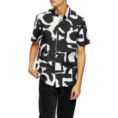 Topman Abstract Short Sleeve Seersucker Button-Up Shirt, White