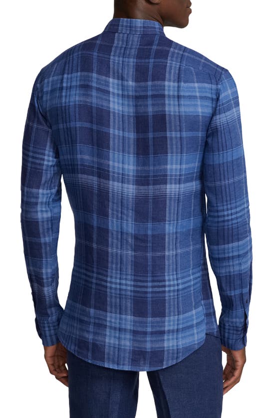 Shop Ralph Lauren Purple Label Cooper Plaid Linen Sport Shirt In Indigo Blue Multi