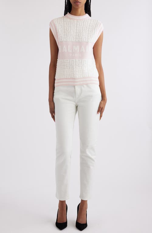 Balmain Monogram Sponge Knit Sleeveless Sweater In Gso White/ Pale Pink