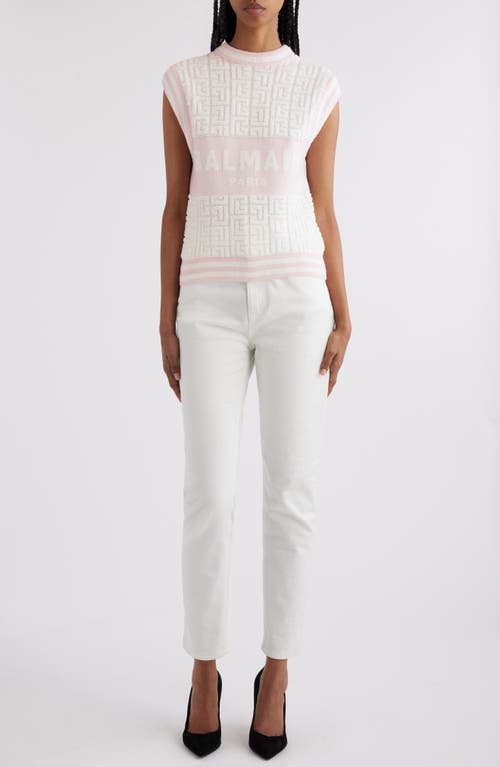 Shop Balmain Monogram Sponge Knit Sleeveless Sweater In Gso White/pale Pink