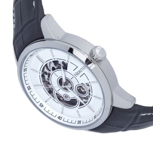 Heritor Automatic Davies Semi-skeleton Leather Band Watch In Silver/white