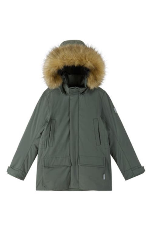 Shop Reima Kids' Tec Faux-fur Trim Waterproof Down Parka In Thyme Green