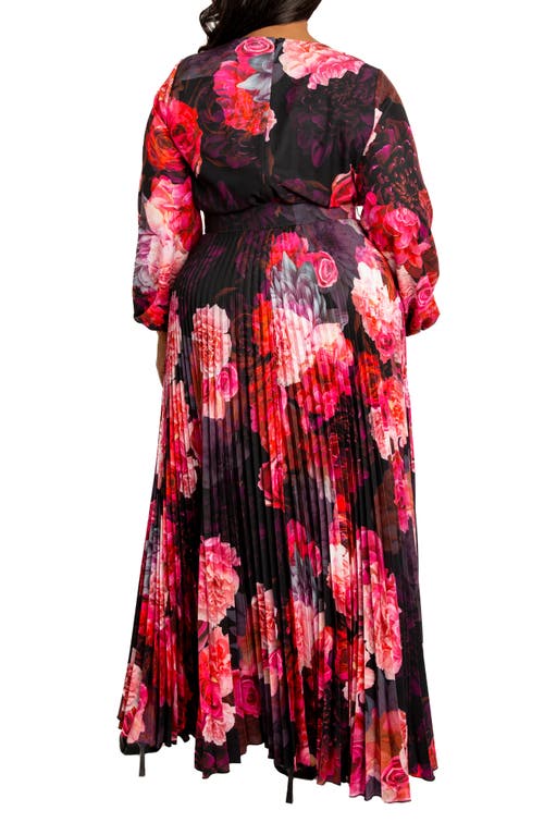 Shop Buxom Couture Floral Long Sleeve Pleated Maxi Dress In Black Multi