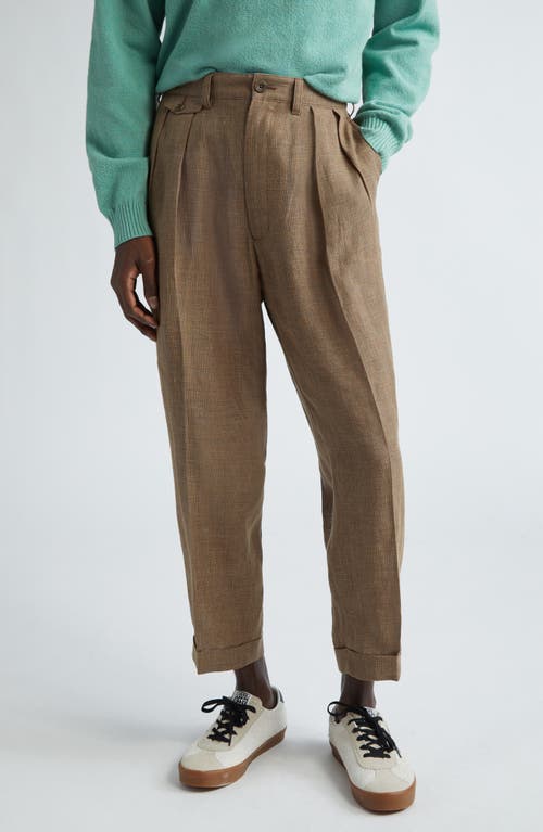 Pleated Tapered Leg Linen Blend Pants in Brown