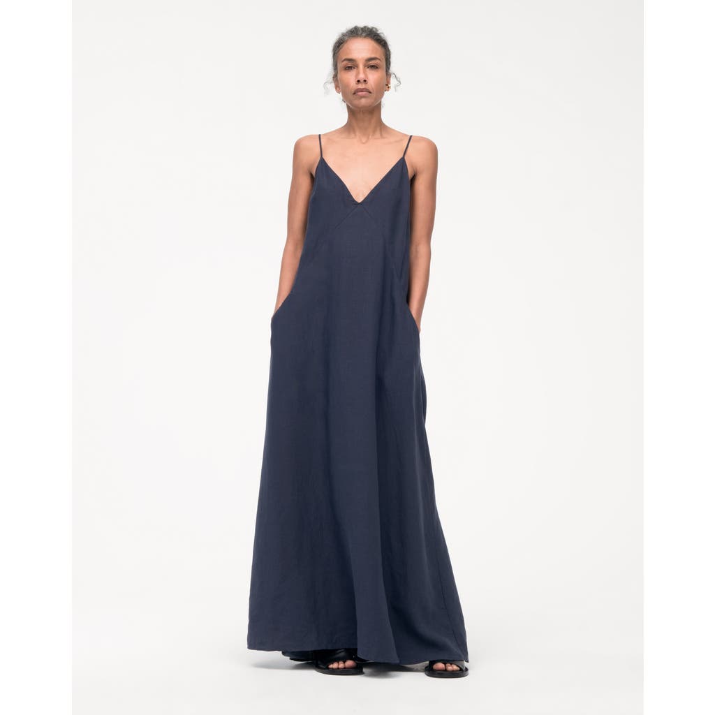 Another Tomorrow Linen Seamed Slip Dress Navy