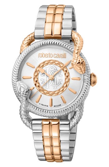 Roberto Cavalli By Franck Muller Two-tone Stainless Steel Swiss Quartz Bracelet Watch, 34mm In Two Tone Silver/rose Gold