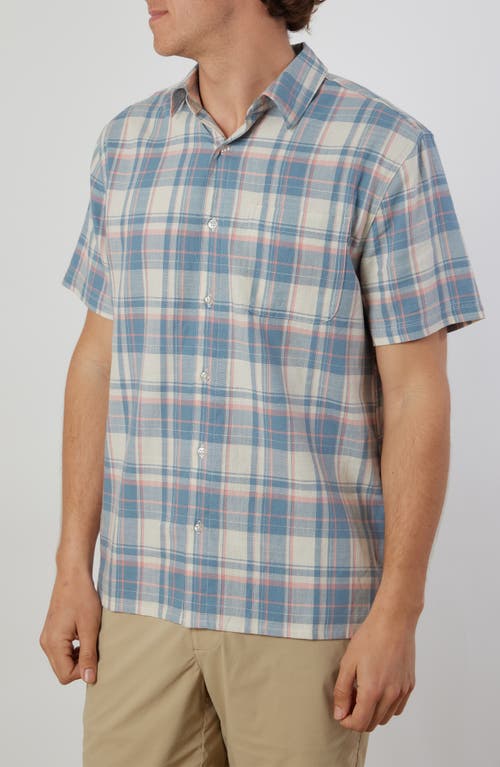 Old Harbour Plaid Cotton Short Sleeve Button-Up Shirt in Crme/Blue/Salmon