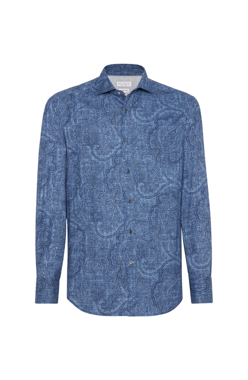 Shop Brunello Cucinelli Paisley Slim Fit Shirt With Spread Collar In Denim