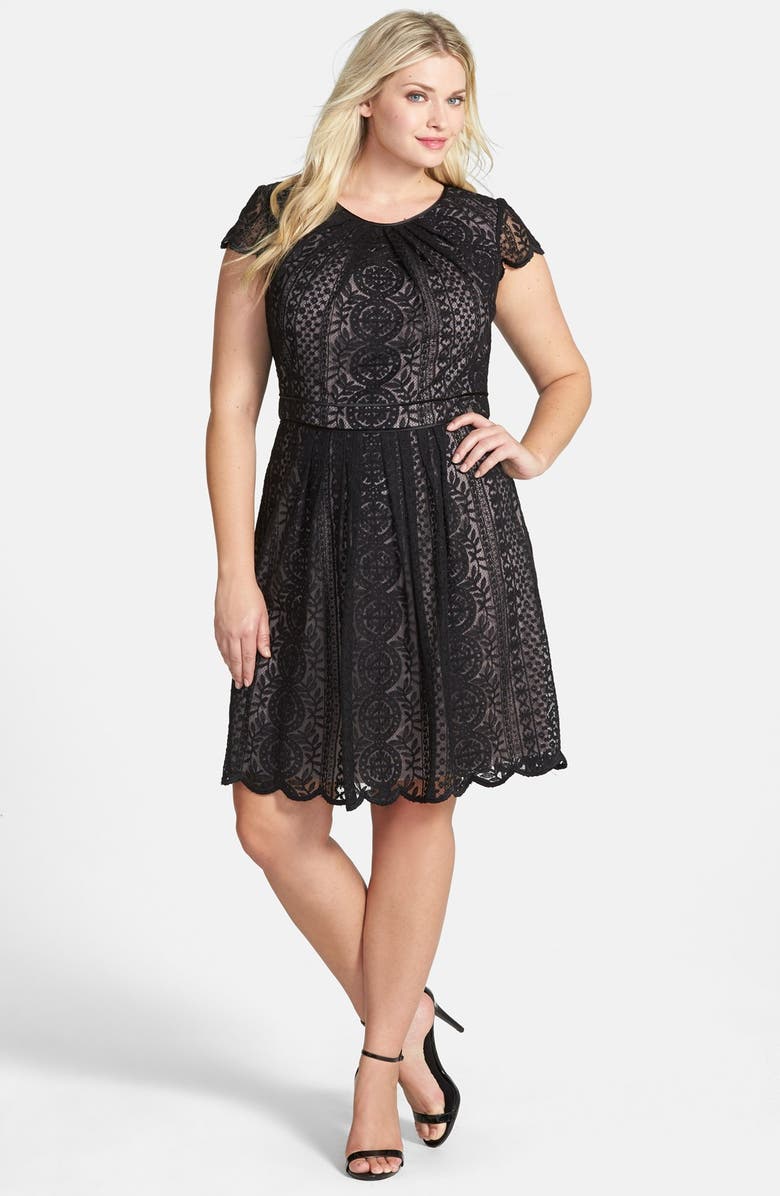 Adrianna Papell Pleat Filigree Lace Fit & Flare Dress (Plus Size ...
