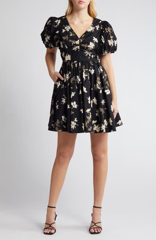 Floral Puff Sleeve Cotton Dress in Black- Ivory Classic Floral
