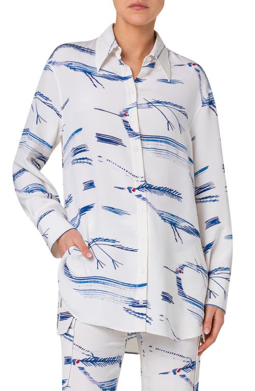 Akris Kasuri Birds Print Relaxed Fit Silk Crepe Button-Up Shirt Ecru-Denim at Nordstrom,