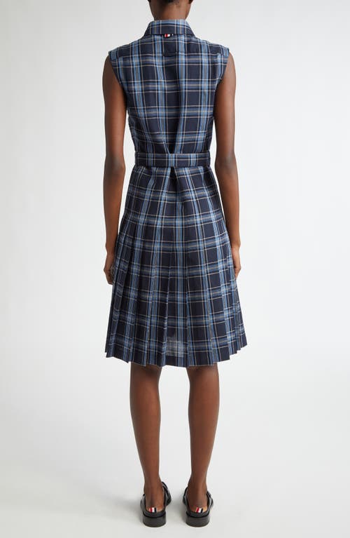 Shop Thom Browne Plaid Belted Wool & Linen Shirtdress In Dark Navy