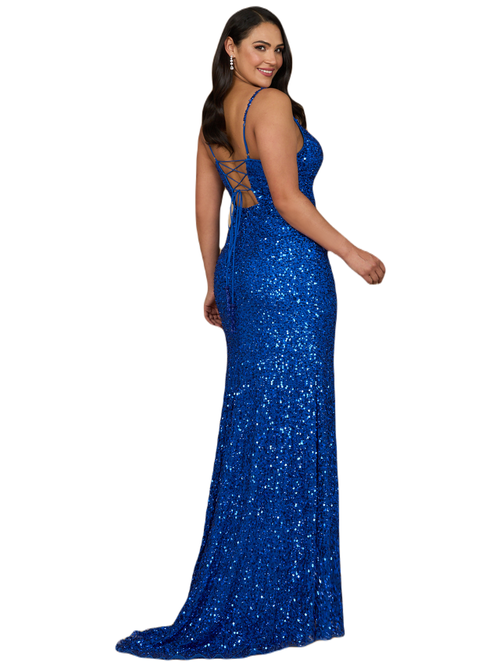 Lara New York Beaded V Neck Dress With Slit In Royal