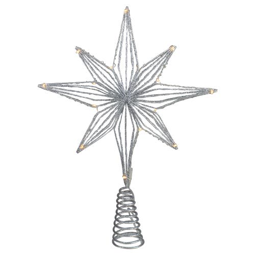 Northlight 13.75" Led Lighted B/o Silver Glittered Geometric Star Christmas Tree Topper In Silver
