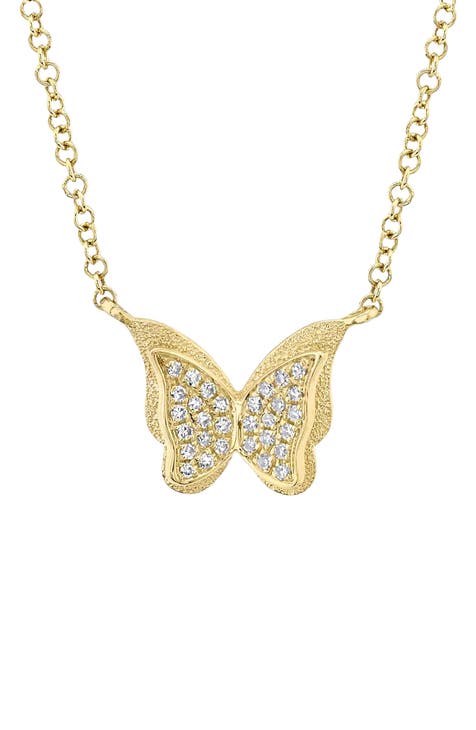 14K Yellow Gold Pavé Butterfly Pendant Necklace - 0.06 ctw