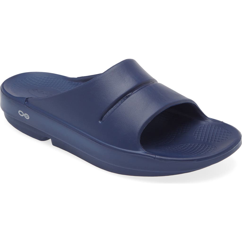Oofos Gender Inclusive Ooaah Slide Sandal In Navy