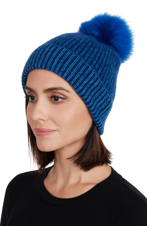 Shop Amicale Two-tone Rib Knit Beanie With Genuine Shearling Pom In Navy/bright Blue