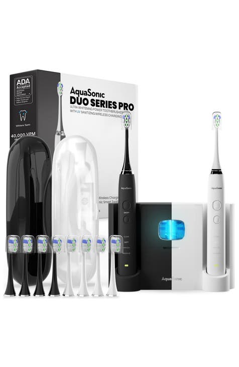 Duo PRO - Dual Handle Whitening Smart Toothbrushes with UV Sanitizing Base & 10 DuPont Brush Heads & 2 Travel Cases