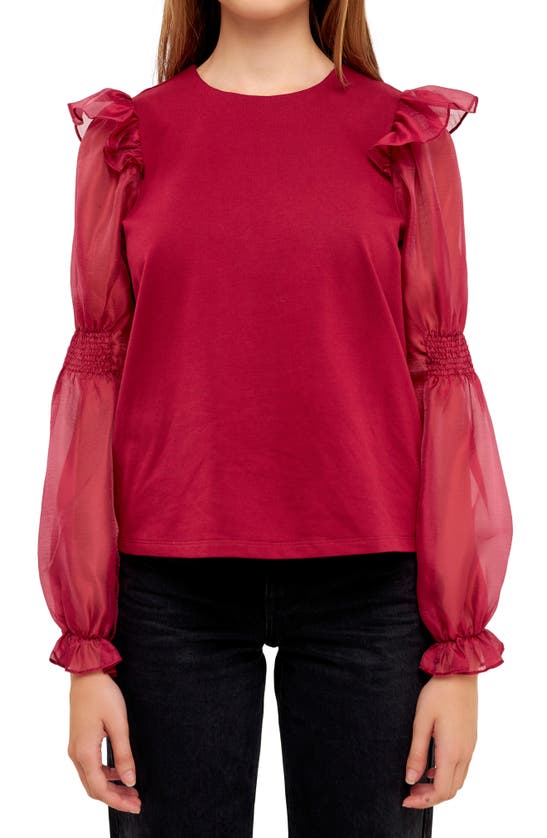 English Factory Puff Sleeve Cotton And Organza Blouse In Wine