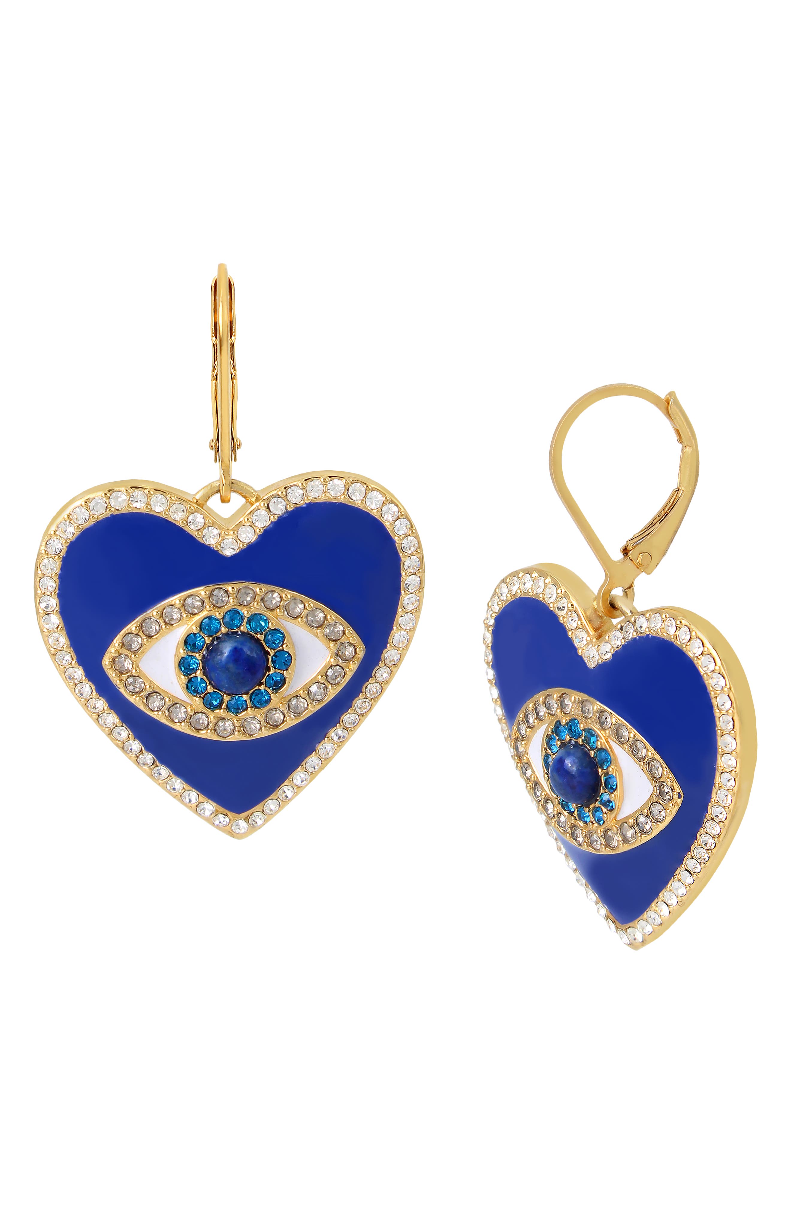 rhinestone accents Paua shell heart drop earrings gold denim blue