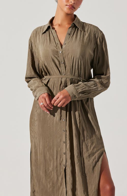 Shop Astr The Label Belted Long Sleeve Midi Shirtdress In Olive