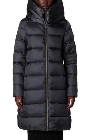 Save The Duck Lysa Quilted Hooded Longline Coat In Ebony Grey