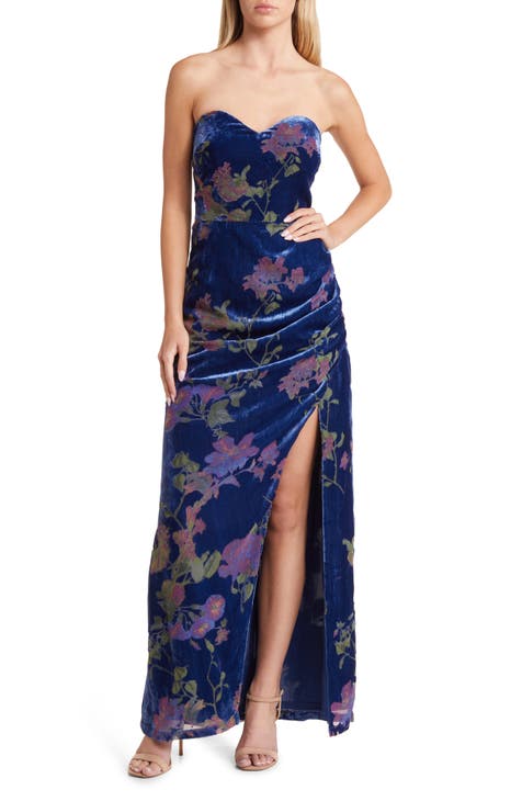 Exquisite Floral Velvet Burnout Strapless Gown