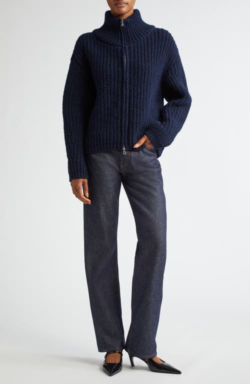 Shop Bite Studios Chunky Rib Wool Zip Cardigan In Dark Navy