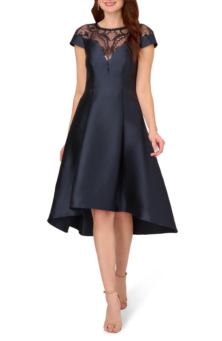 Adrianna Papell Sheer Sequin Yoke Mikado Cocktail Dress | Nordstrom