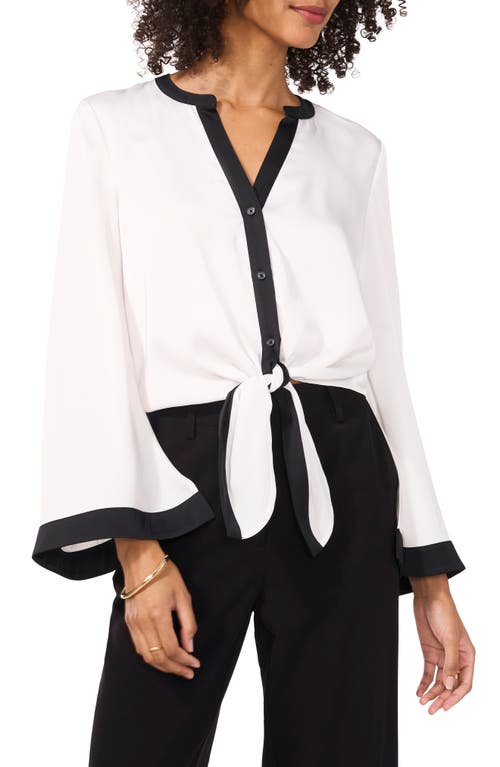 Shop Vince Camuto Contrast Detail Tie Front Button-up Satin Shirt In New Ivory