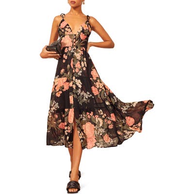 Reformation Jaden Floral Print Tiered Midi Dress, Black