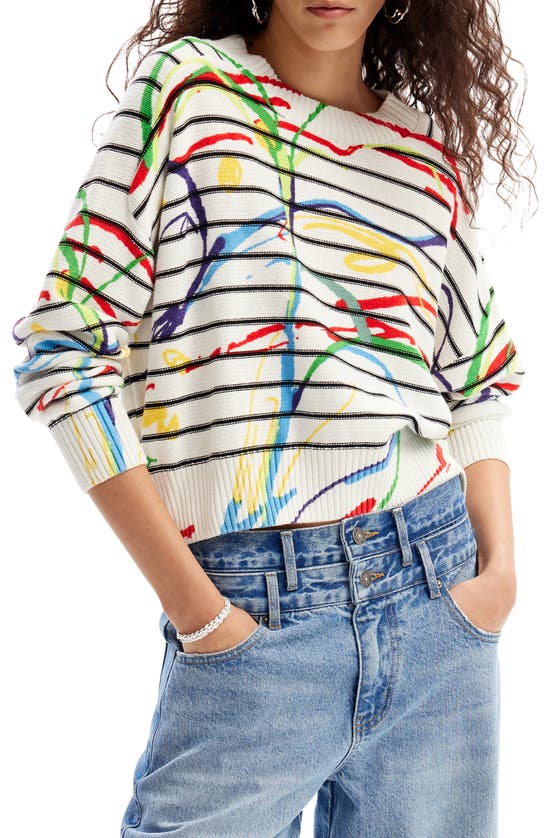 Shop Desigual Jers Trazis Stripe Sweater In White