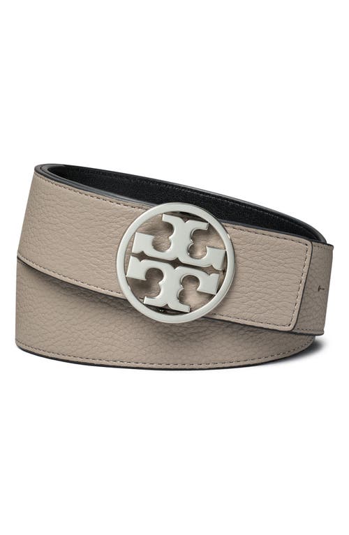 Shop Tory Burch Miller 1.5-inch Reversible Logo Belt In Gray Heron/black/silver