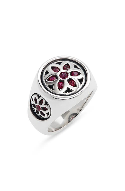 Men's Small Club Ruby Flower Signet Ring in Silver