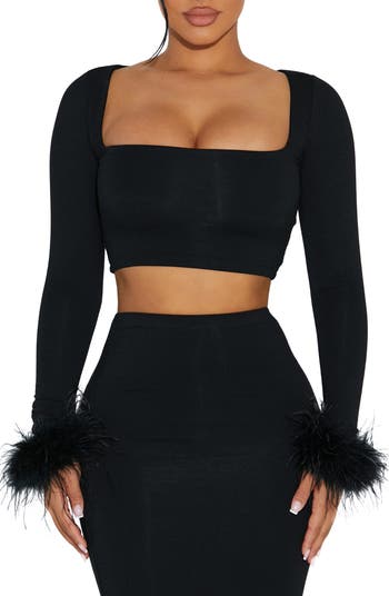 Naked Wardrobe Fly as a Feather Long Sleeve Crop Top