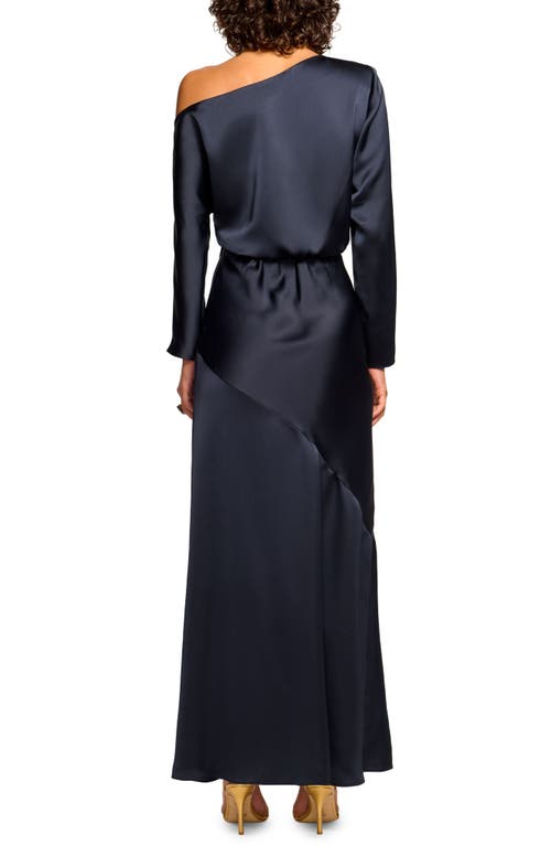 Shop Ramy Brook Damiris One-shoulder Long Sleeve Satin Gown In Navy