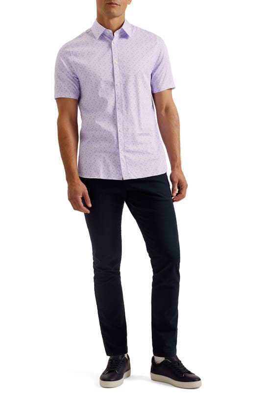 Shop Ted Baker Barhill Geometric Print Stretch Short Sleeve Button-up Shirt In Lilac