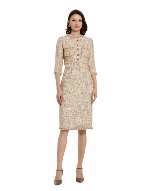Mac Duggal High Neck 3/4 Sleeve Beaded Trim Midi Dress In Blush