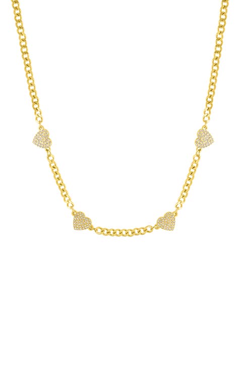 Pavé CZ Heart Station Curb Chain Necklace