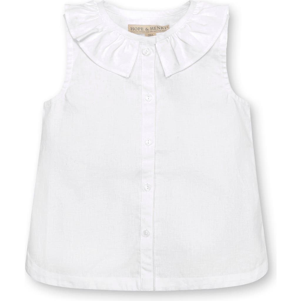 Hope & Henry Kids'  Girls' Sleeveless Ruffle Collar Chambray Button Back Top, Infant In White Linen