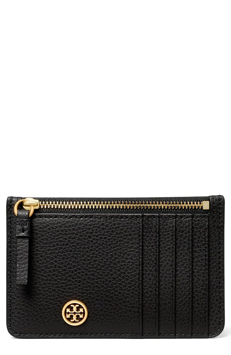 TORY BURCH Walker Leather Top Zip Card Case, Main, color, BLACK