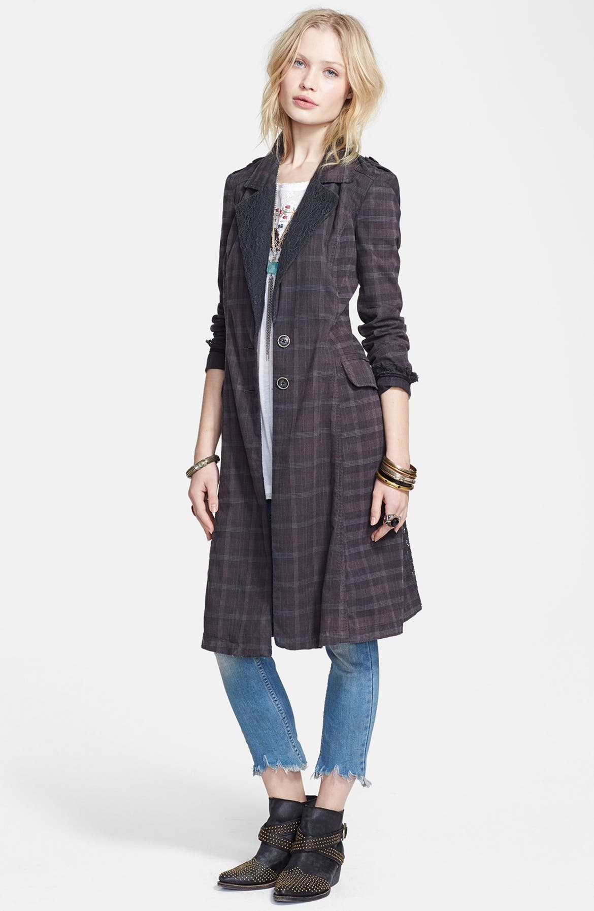 Free People Lace Trim Plaid Duster Jacket | Nordstrom